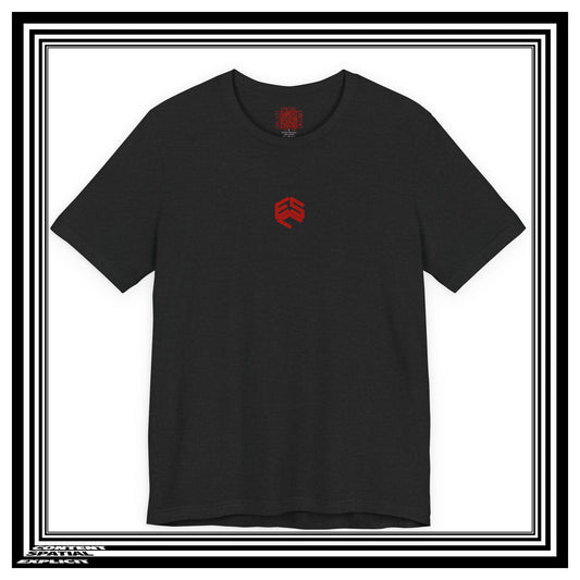 A black short-sleeve crewneck t-shirt with a small red geometric ESC logo in the center of the chest, displayed on a white background with a black and white striped border.