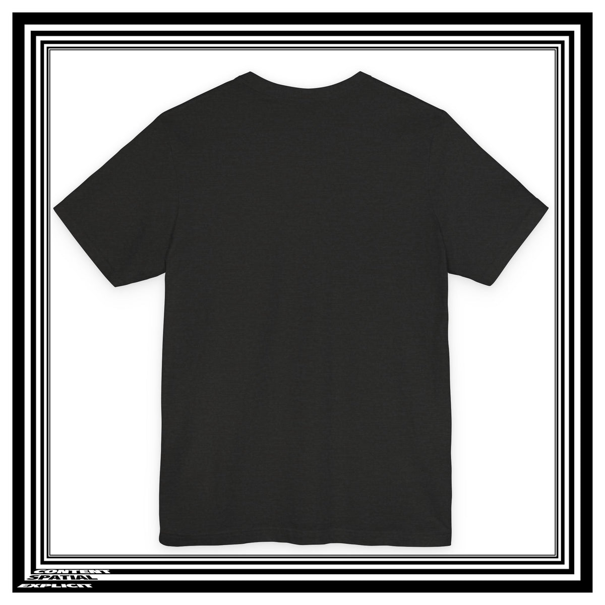 Black t-shirt with blue designs on sleeves against a white background