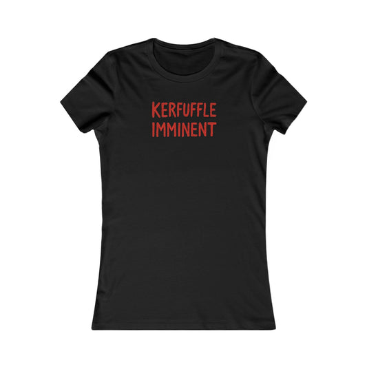 A black short-sleeve crewneck t-shirt with the words 'KERFUFFLE IMMINENT' printed in a red stencil font across the chest, displayed on a solid white background.