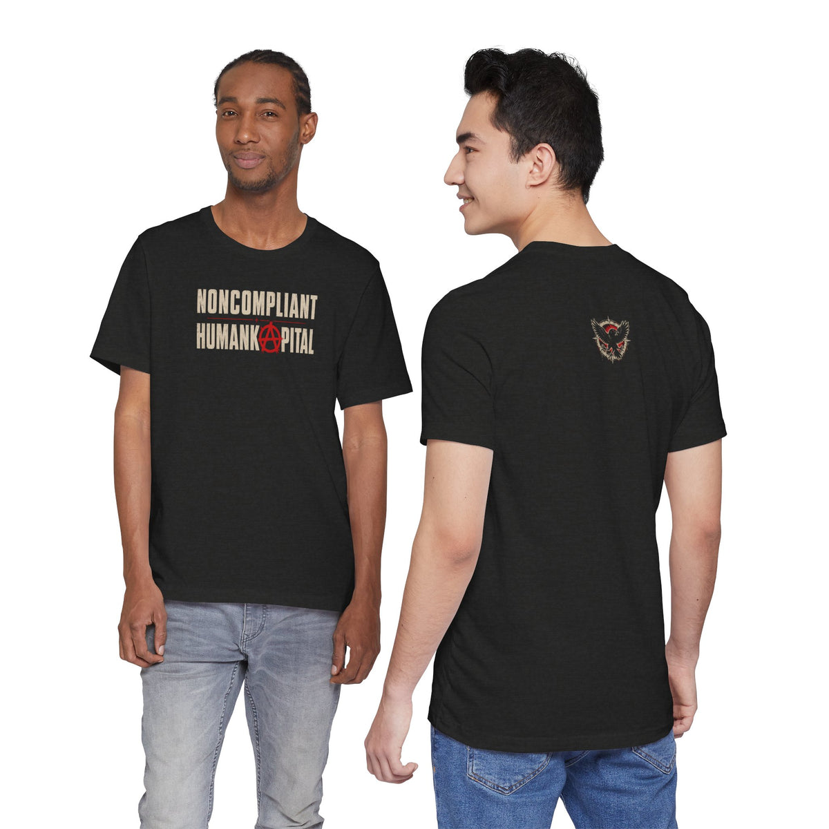Two people wearing black t-shirts with text and graphics, one facing front and the other back.