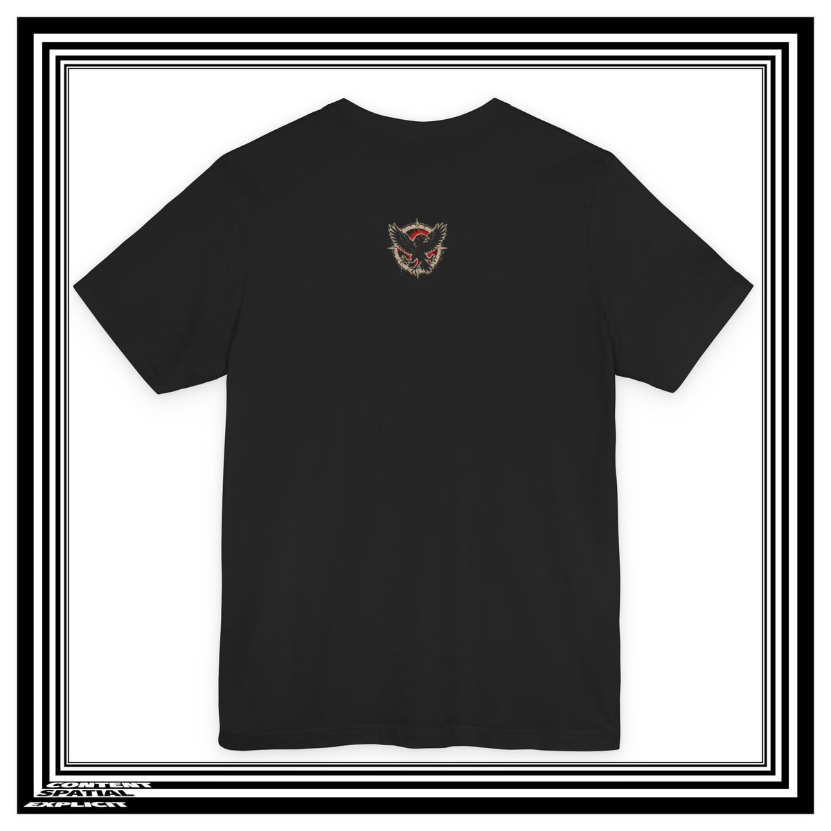 Back of a black t-shirt with raven design against a white background