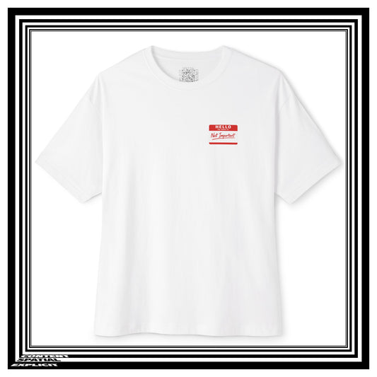 A white crewneck t-shirt with a small red and white 'Not Important' name tag graphic on the left chest, displayed on a white background with a black and white striped border.
