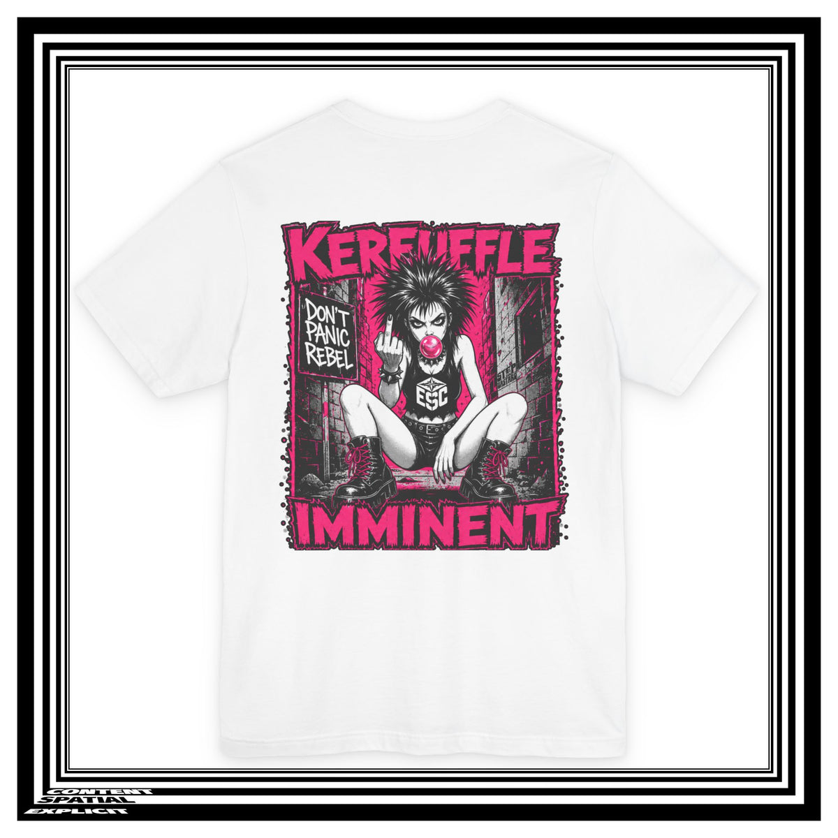 A white short-sleeve t-shirt with a large graphic print on the front, featuring a punk-style illustration of a girl with spiky hair and the text 'KERFUFFLE IMMINENT' in pink and black.