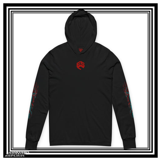 Three-legged Raven (Yatagarasu ) - Back Design w/ Sleeve Graphic - Kanji - Unisex Hooded Long Sleeve Tee