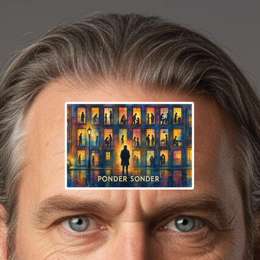 Close-up of a man's face with his forehead showing a rectangular printed sticker that reads 'PONDER SONDER' above a colorful illustration of silhouetted figures in front of a building at night.
