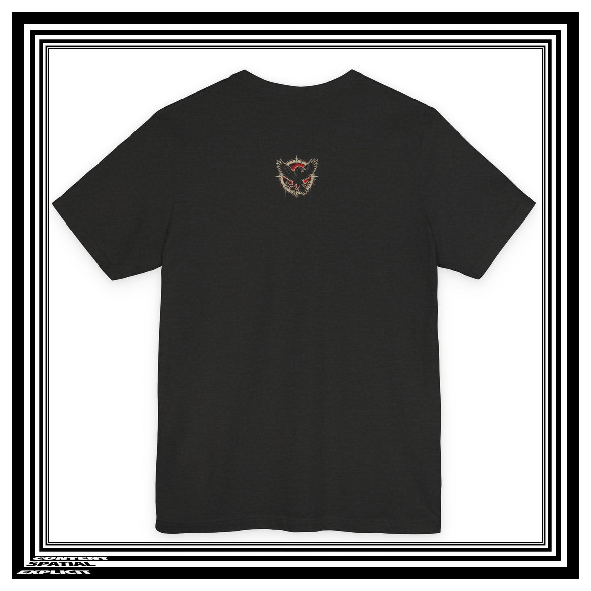 Back of a black t-shirt with raven design against a white background