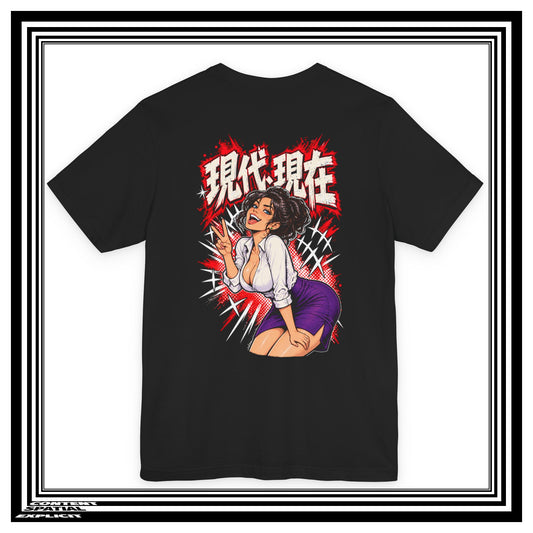 A black short-sleeve graphic t-shirt featuring a retro-style anime pin-up illustration of a woman with Japanese text on the chest, displayed on a white background with a black and white striped border.