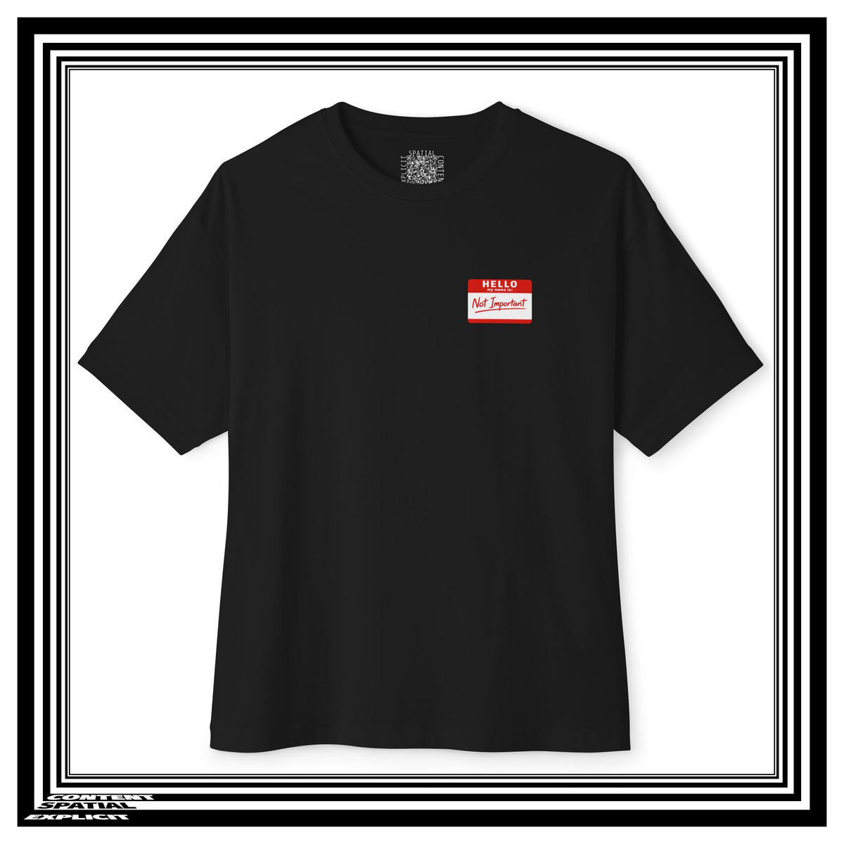 A black crewneck t-shirt with a small red and white 'Not Important' name tag graphic on the left chest, displayed on a white background with a black and white striped border.