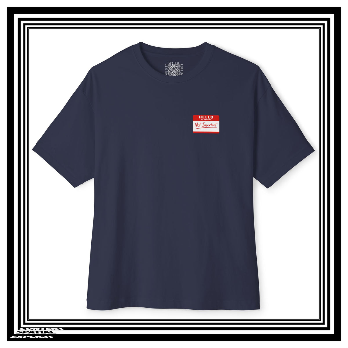 A navy blue short-sleeve t-shirt with a small red and white  name tag graphic on the left chest, displayed on a white background with a black and white striped border.