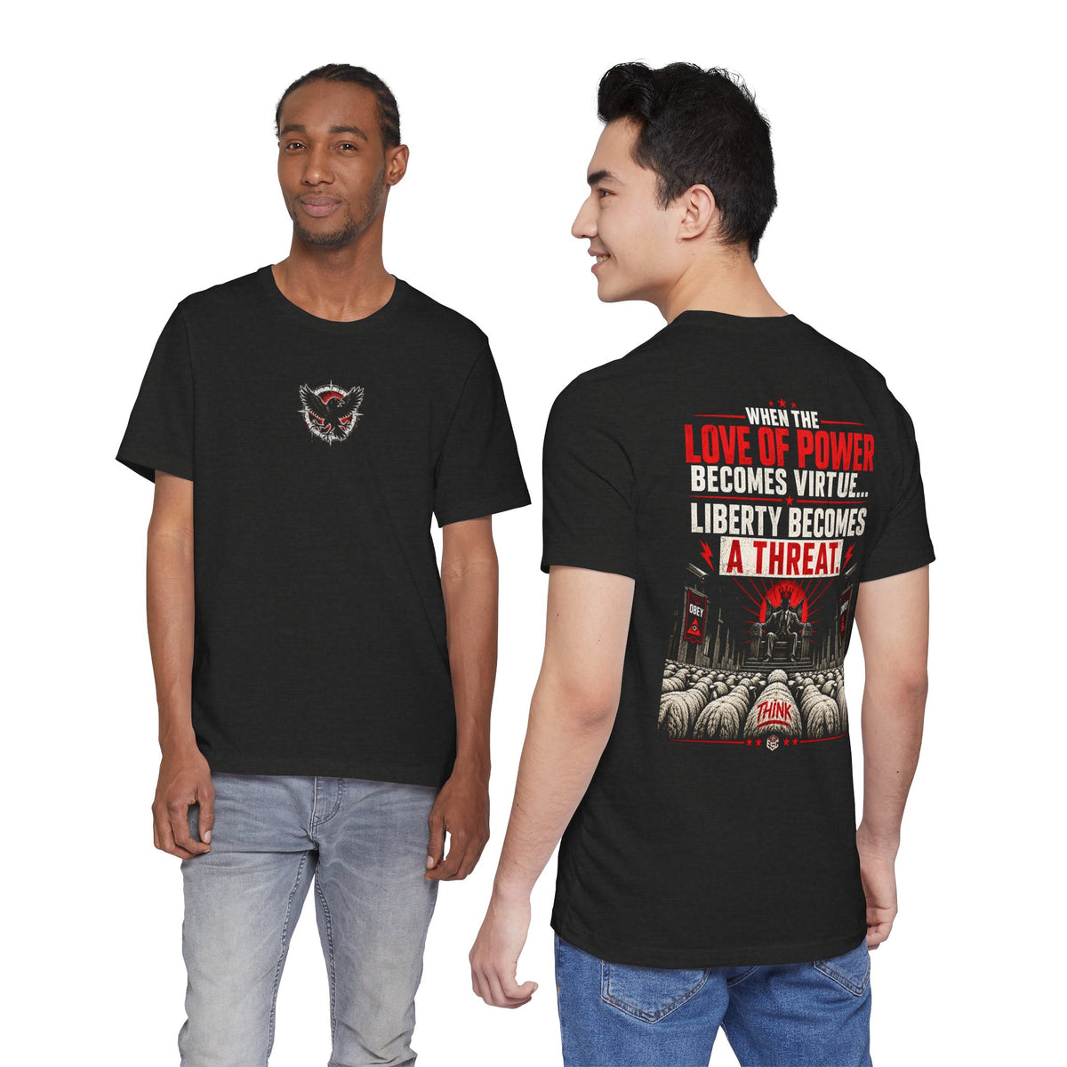 Two people wearing black t-shirts with designs on the front and back, standing side by side.