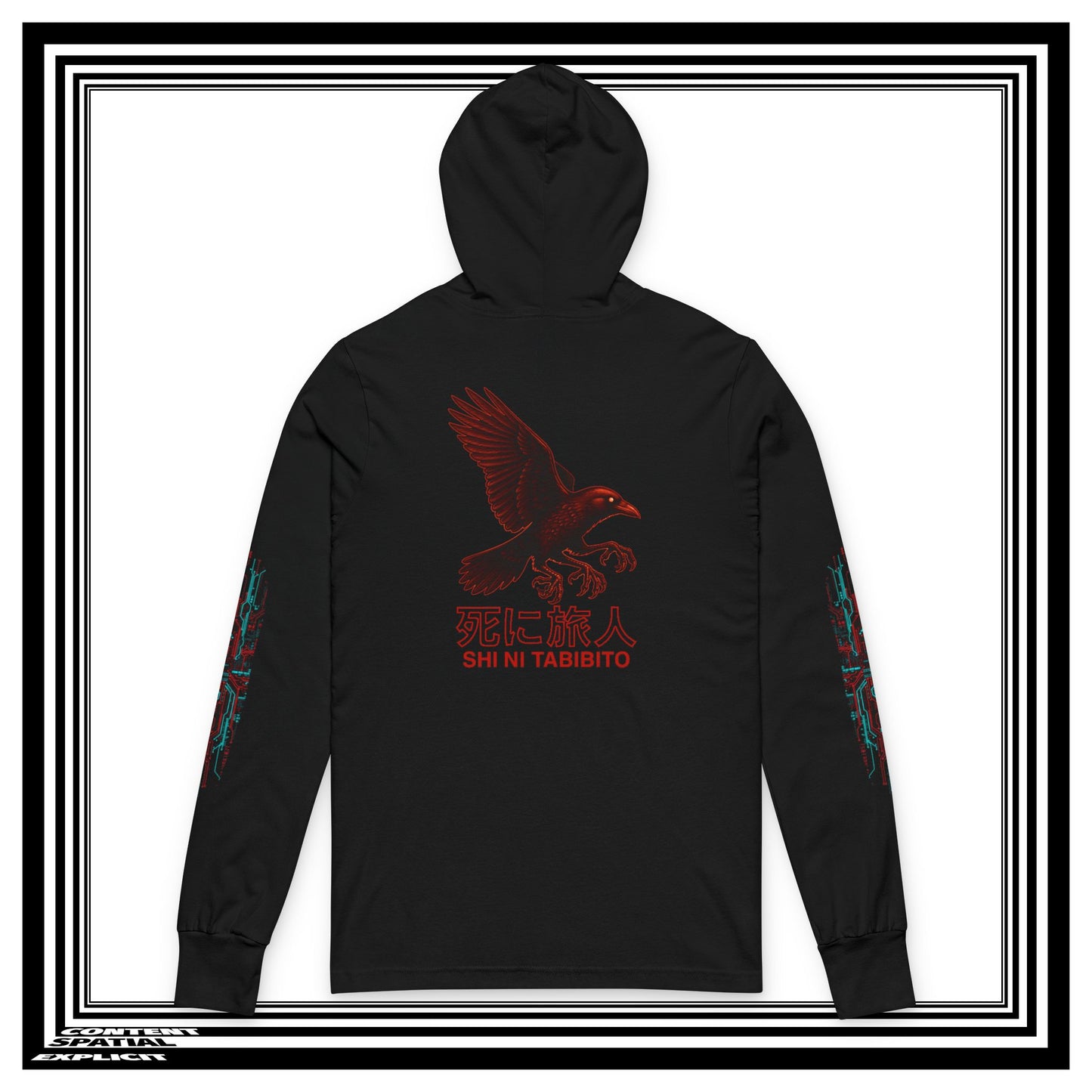 Three-legged Raven (Yatagarasu ) - Back Design w/ Sleeve Graphic - Kanji - Unisex Hooded Long Sleeve Tee