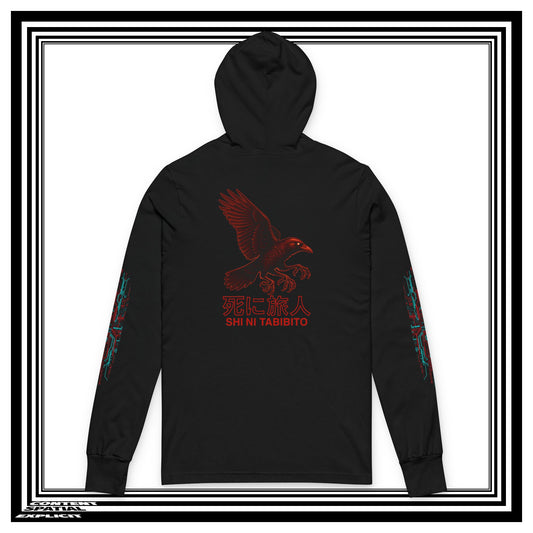 Three-legged Raven (Yatagarasu ) - Back Design w/ Sleeve Graphic - Kanji - Unisex Hooded Long Sleeve Tee