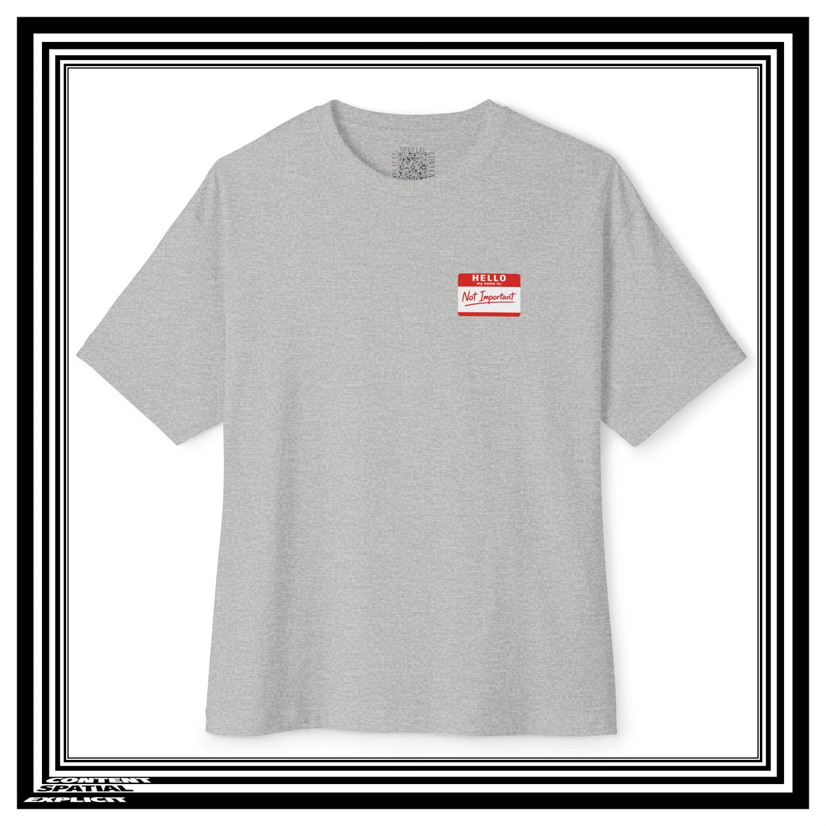 A light gray heather crewneck t-shirt with a small red and white 'Not Important' name tag graphic on the left chest, displayed on a white background with a black and white striped border.